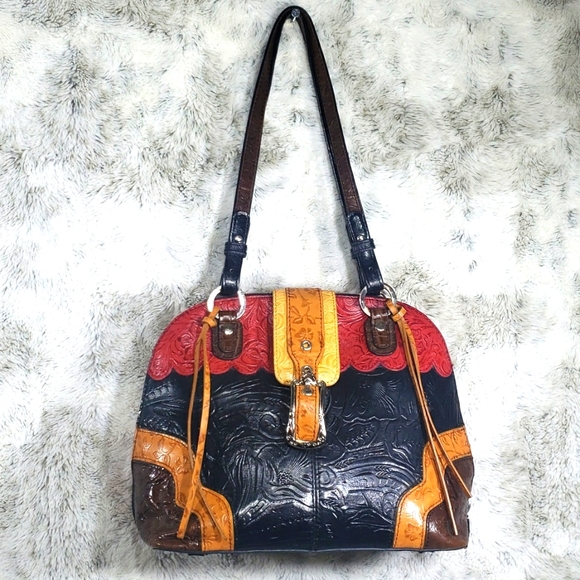 Vintage MC Marc Chantal Tooled Embossed Leather Multi Color Square Shoulder Bag - Picture 1 of 17